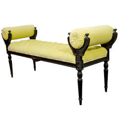 A Mid Century Ebonized Wood Bench in Chartreuse Upholstery