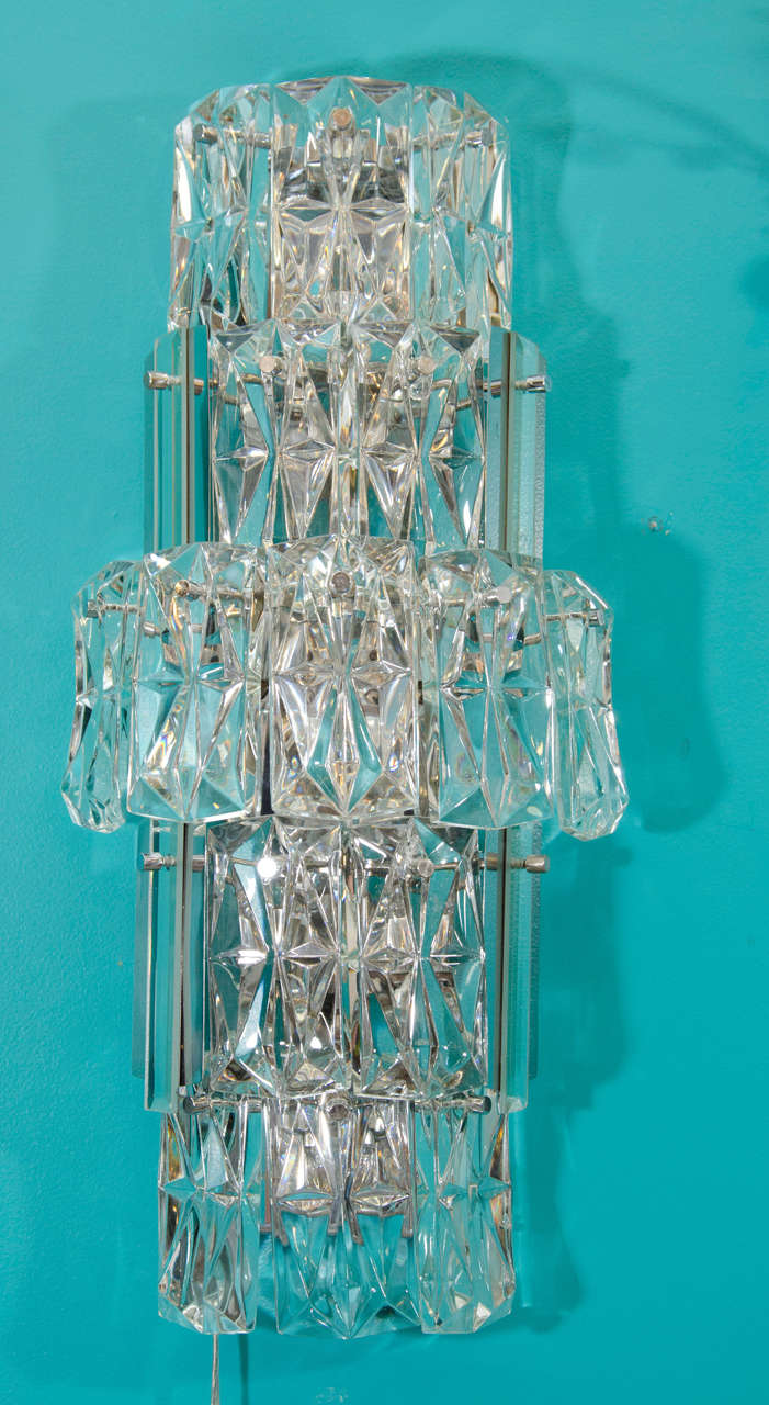 A Vintage Pair of Large Chrome and Crystal Kinkeldey Sconces