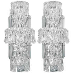 A Vintage Pair of Large Chrome and Crystal Kinkeldey Sconces