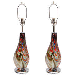 A Midcentury Pair of Lamps in Colorful Glass on Chrome Bases