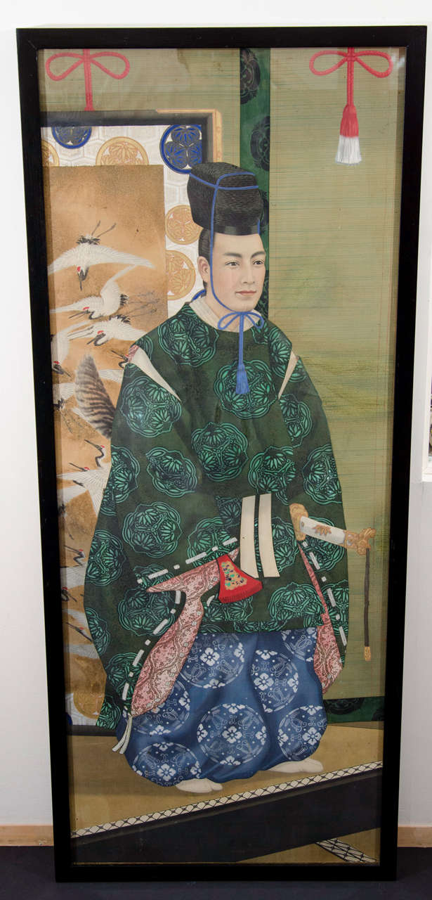 An antique Meiji period imperial portrait painting on silk. The piece was shown at the Chicago World's Fair in 1893. It is one of a group of six different portraits.