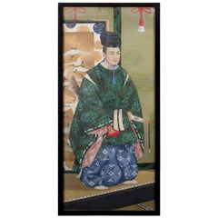Antique Japanese Imperial Portrait Painting of Man in Green Robes