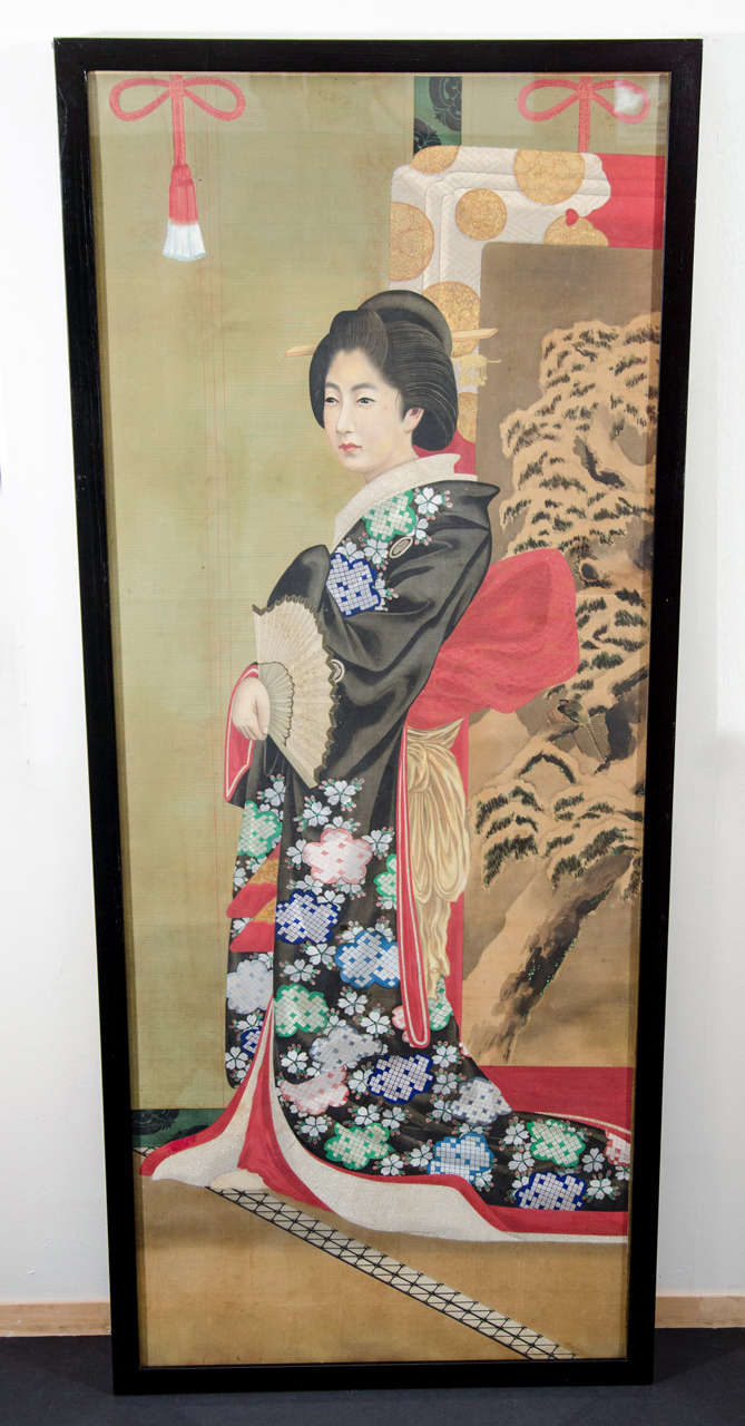 An antique Meiji period imperial portrait painting on silk. The piece was shown at the Chicago World's Fair in 1893. It is one of a group of six different portraits.