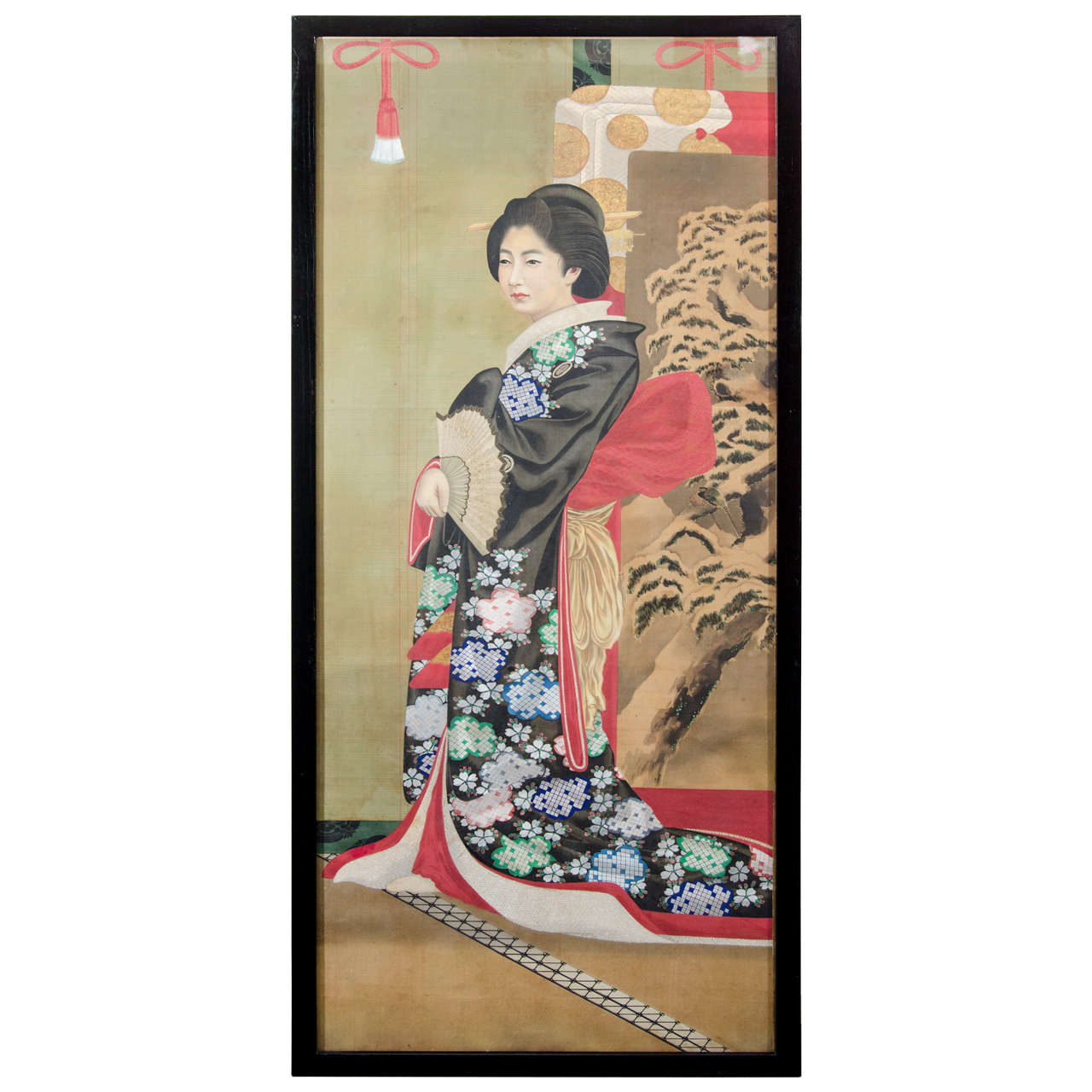 Japanisches kaiserliches Porträtgemälde einer Frau in schwarzem und geblümtem Gewand