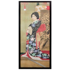 Antique Japanese Imperial Portrait Painting of Woman in Black and Floral Robe