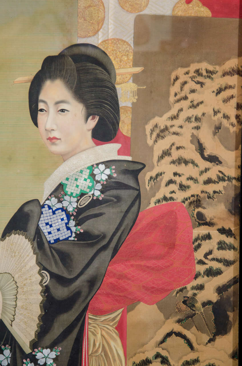 Japanisches kaiserliches Porträtgemälde einer Frau in schwarzem und geblümtem Gewand (Hartholz) im Angebot