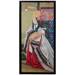 Antique Japanese Imperial Portrait Painting of Woman in White, Red and Black