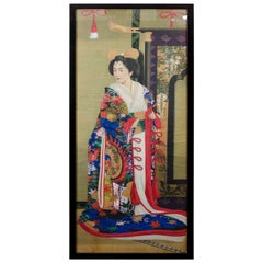 Antique Japanese Imperial Portrait Painting of Woman in Red, Blue and White