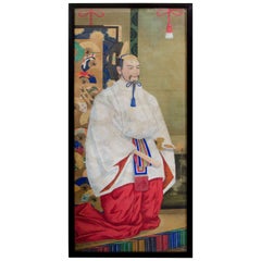 Japanese Imperial Portrait Painting of Man in White and Red