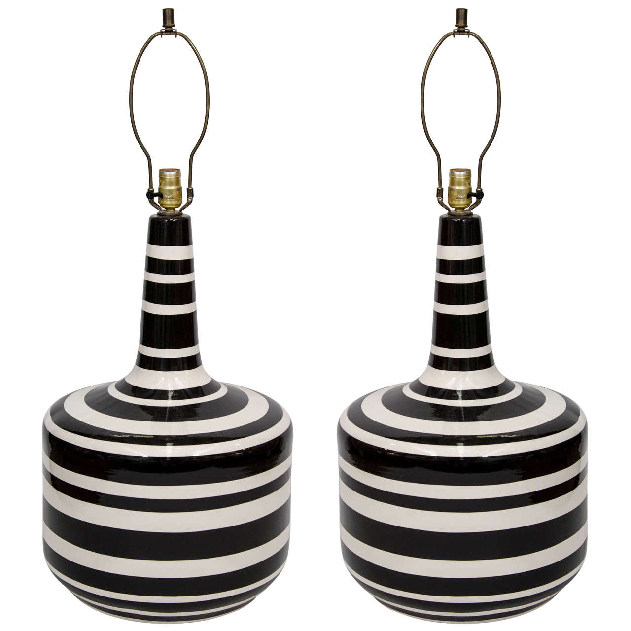 A Large Mid Century Pair of Striped Italian Glazed Ceramic Lamps
