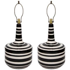 A Large Mid Century Pair of Striped Italian Glazed Ceramic Lamps
