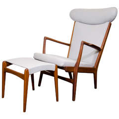 Midcentury Hans Wegner Chair with Ottoman by Fritz Hansen