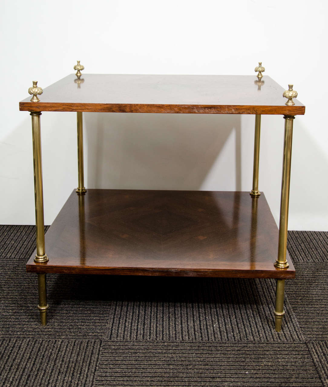 American Midcentury Two-Tier Rosewood Side Table on Brass Legs