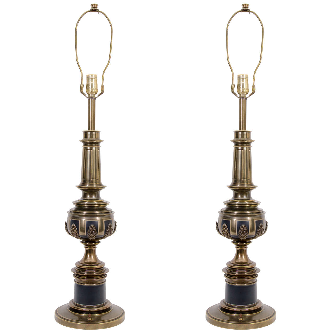 Pair of Mid Century Brass and Black Enamel Lamps For Sale at 1stdibs