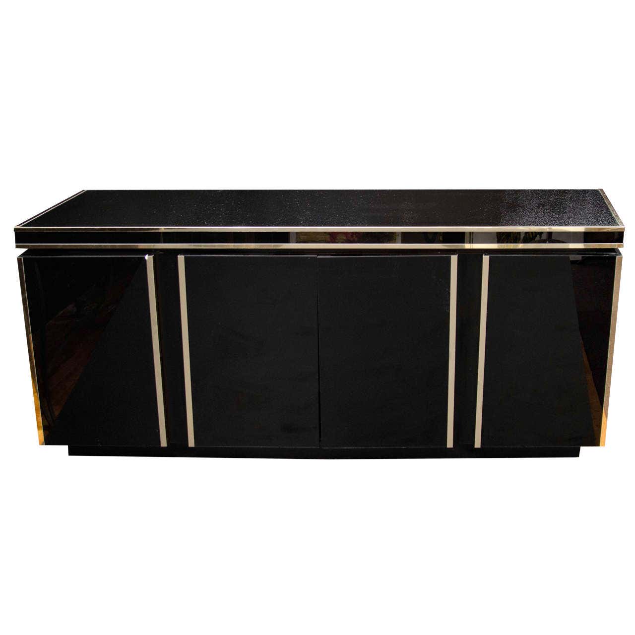 Mid Century Custom Black Console w/ Gold Detailing at 1stDibs