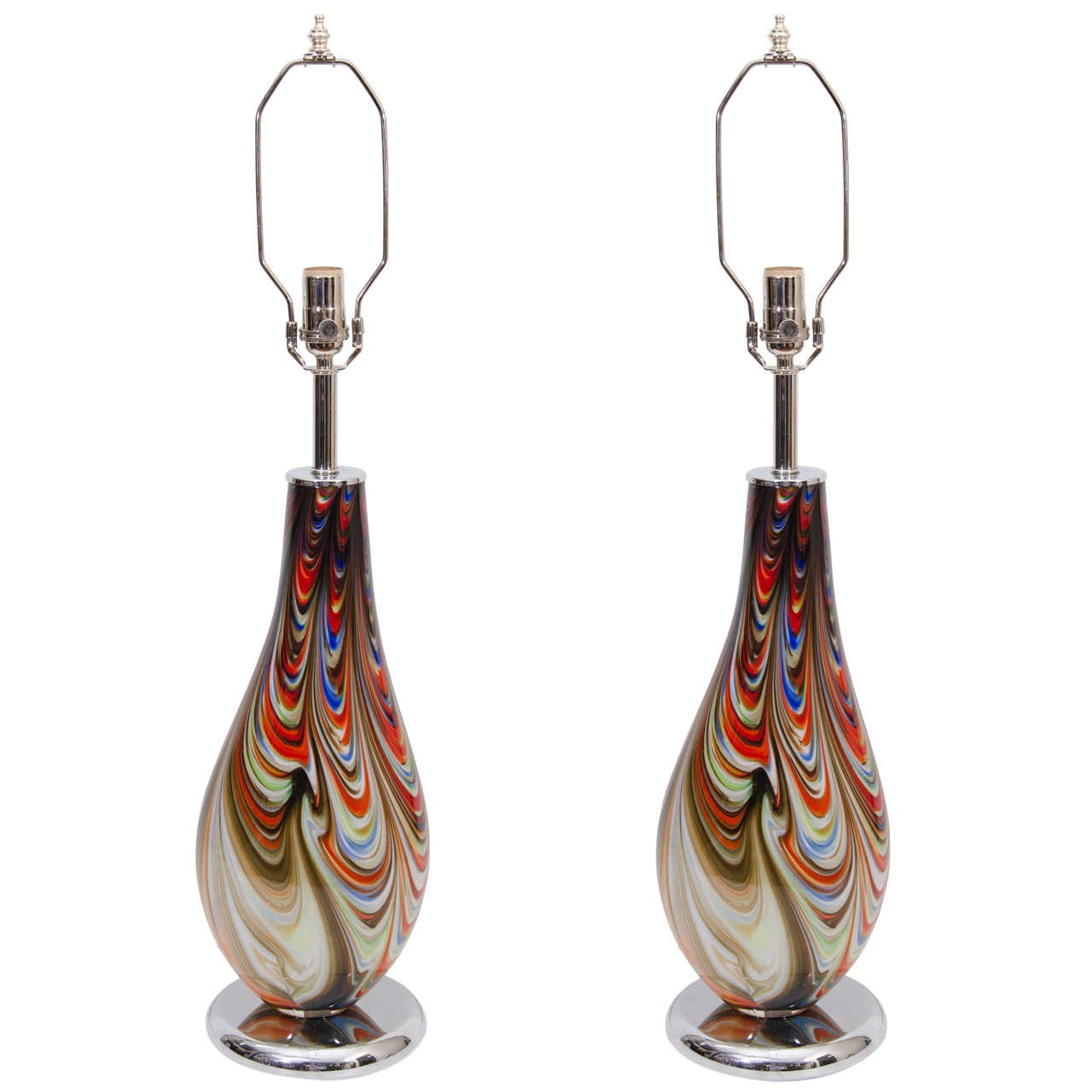 A Midcentury Pair of Lamps in Colorful Glass on Chrome Bases at 1stdibs
