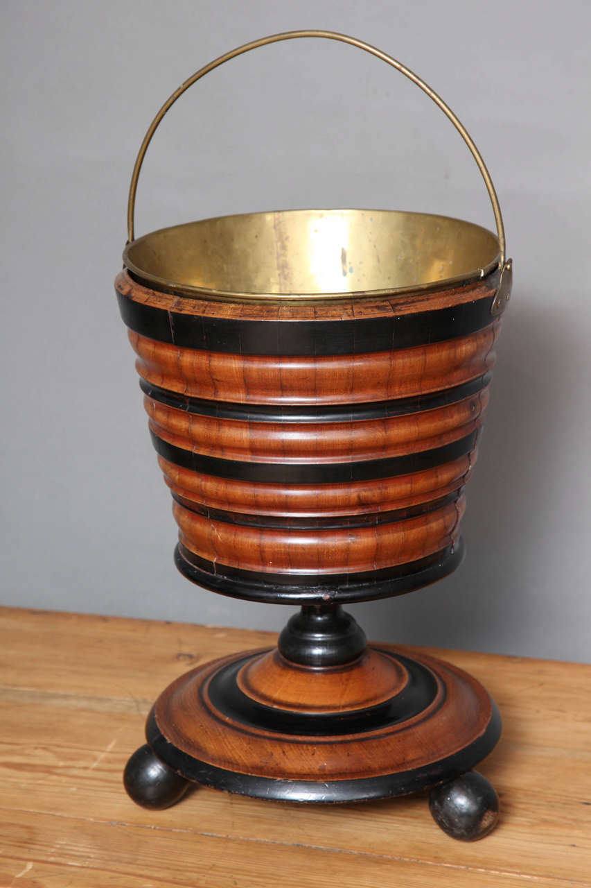 Mid 19th Century Dutch brass lined turned and ebonized fruitwood peat bucket, having brass bail handle over banded and turned body, standing on pedestal base with ball feet.