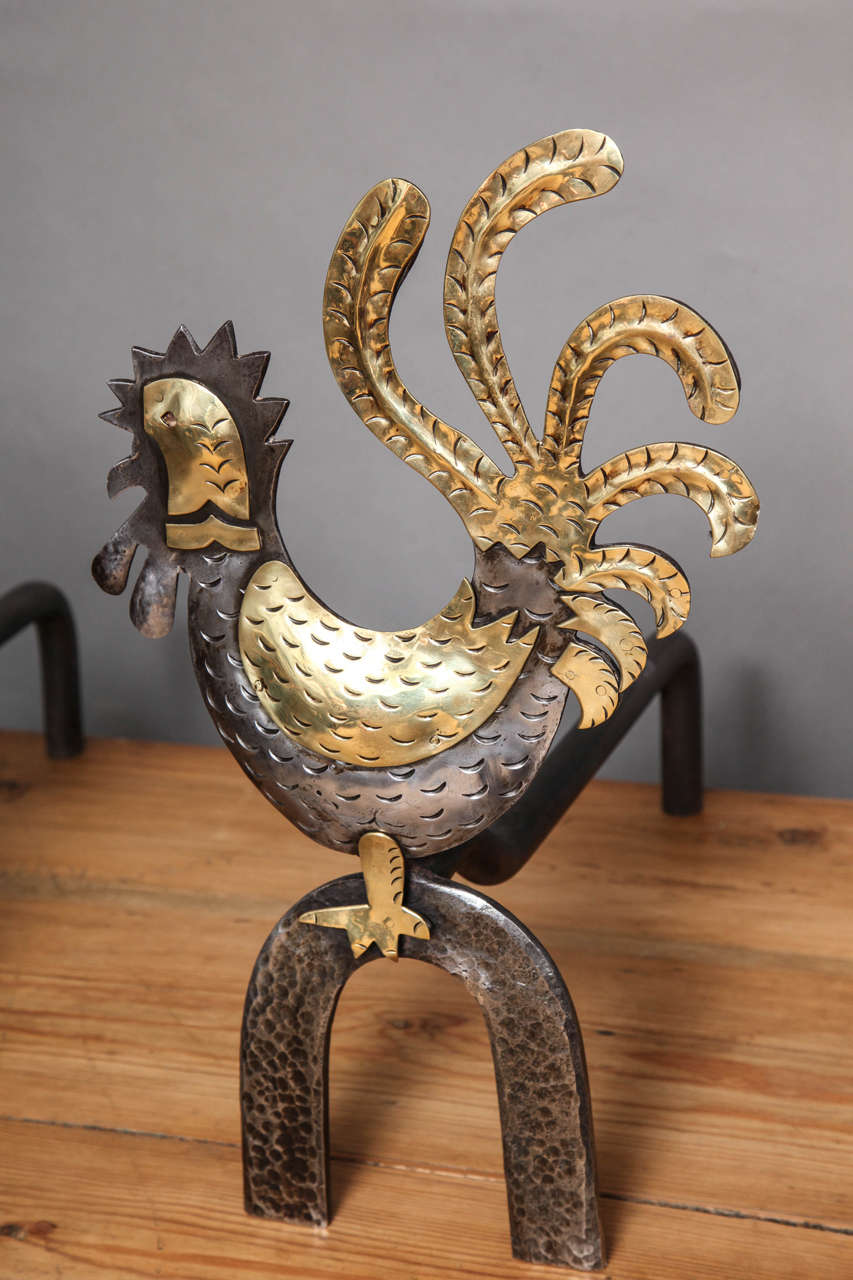 Unknown Charming Pair of Mixed Metal Rooster Andirons