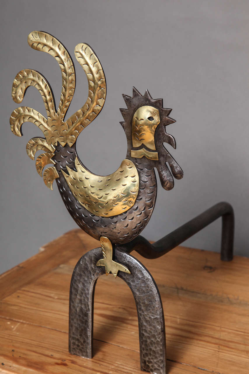 Charming Pair of Mixed Metal Rooster Andirons In Excellent Condition In Greenwich, CT