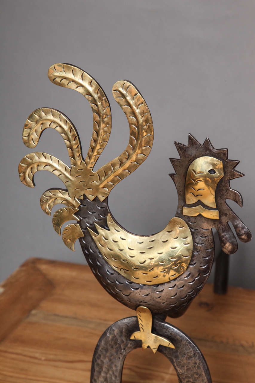 Mid-20th Century Charming Pair of Mixed Metal Rooster Andirons
