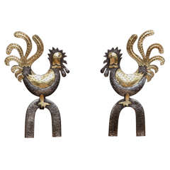 Retro Charming Pair of Mixed Metal Rooster Andirons