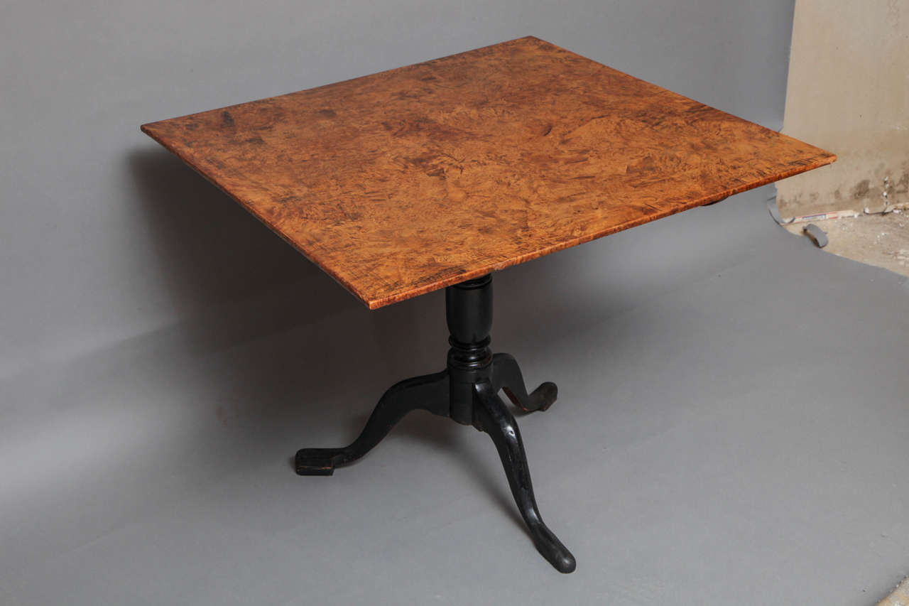 Very fine quality Gustavian square tilt top table, the top veneered in highly figured birch root burl, over balustrade turned shaft over cabriole legs ending in pad feet, the whole with excellent color.