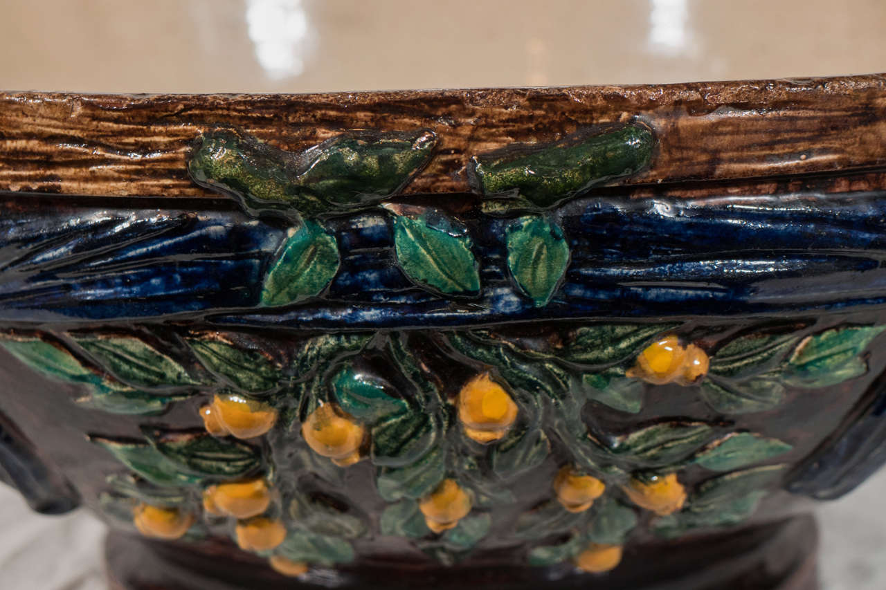 20th Century Large Majolica Bowl Painted a Deep Blue