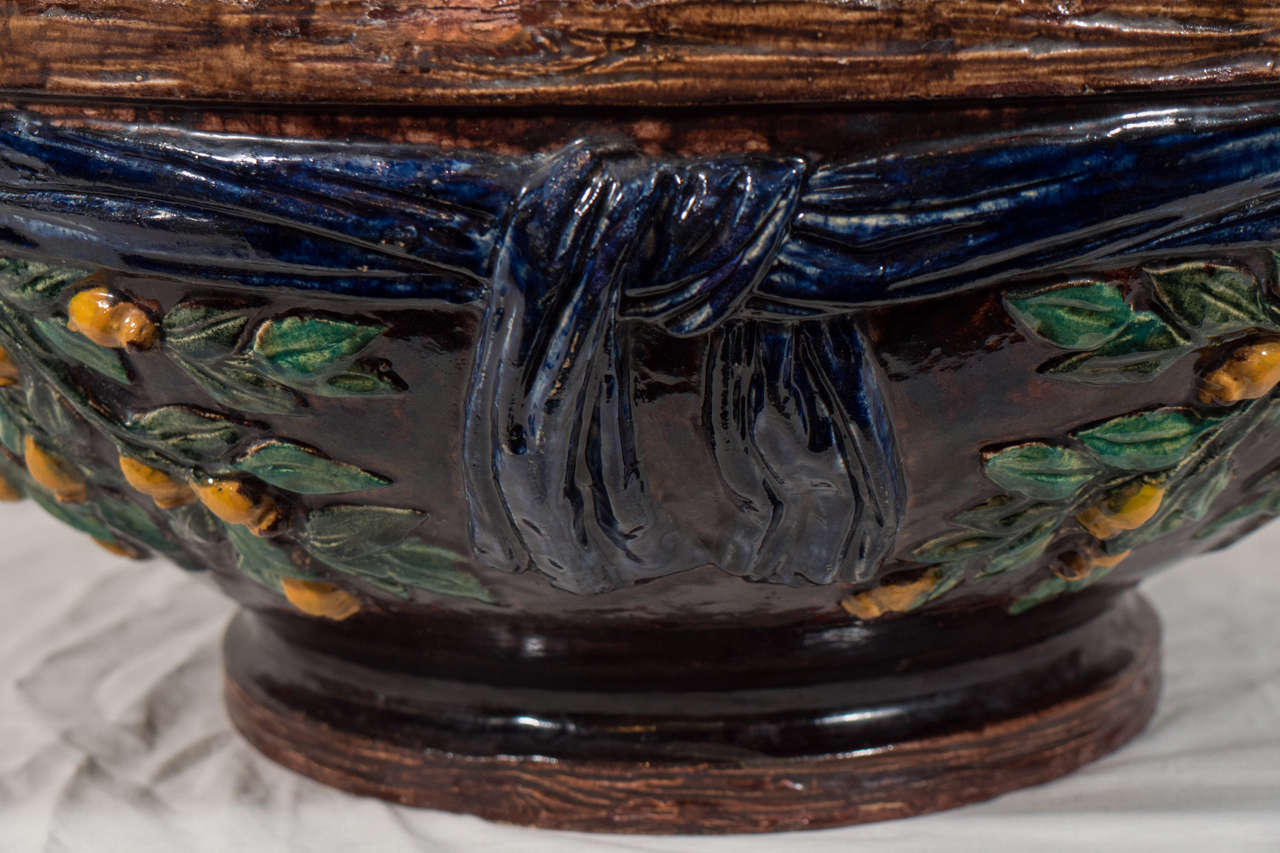 French Large Majolica Bowl Painted a Deep Blue