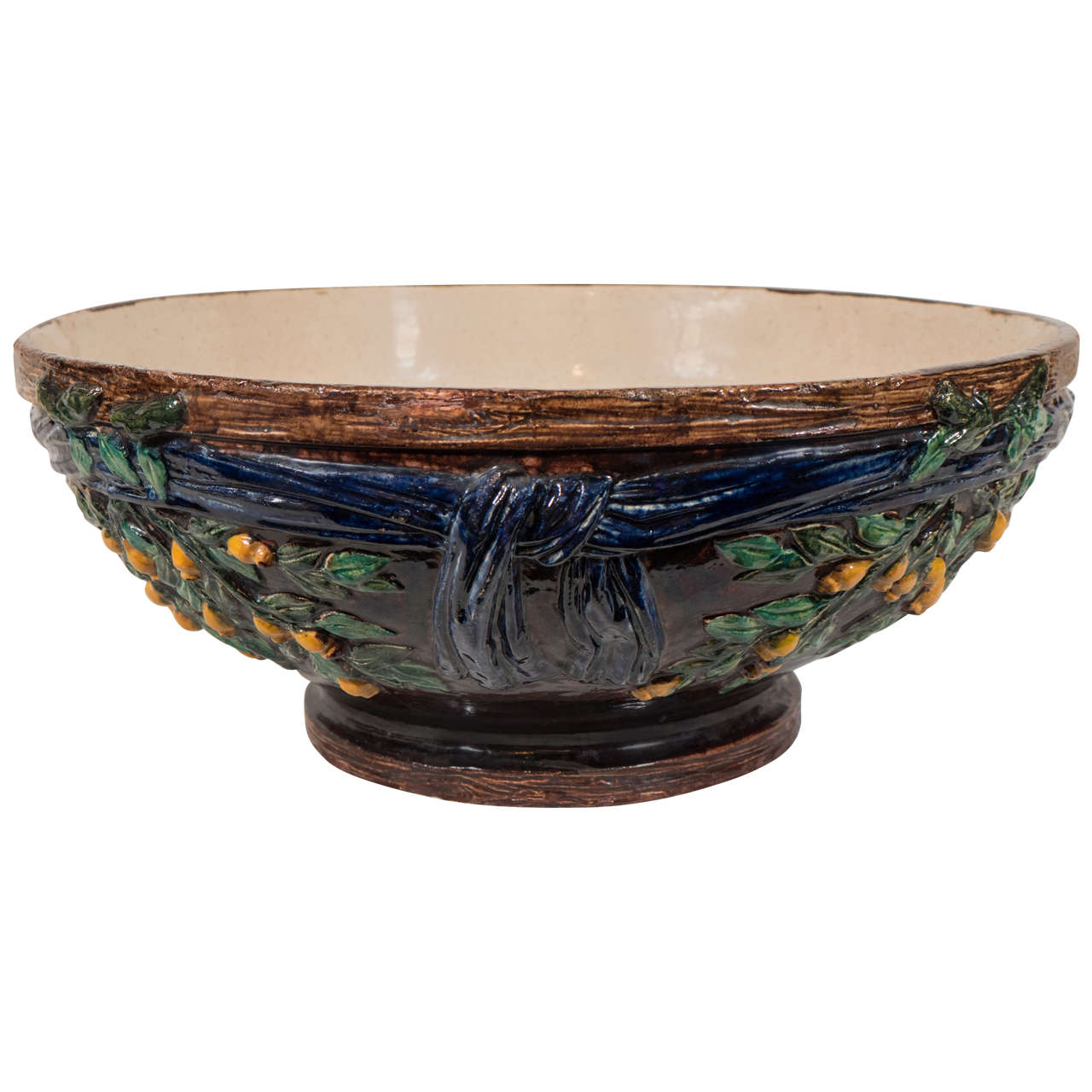 Large Majolica Bowl Painted a Deep Blue In Excellent Condition In Katonah, NY