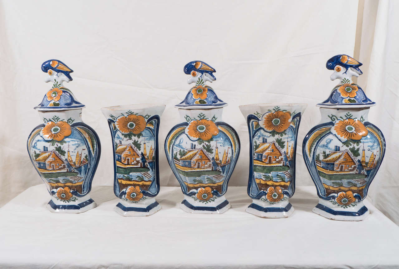 Antique Polychrome Five Piece Dutch Delft Garniture Painted Orange Blue & Green In Excellent Condition In Katonah, NY