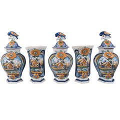 Antique Polychrome Five Piece Dutch Delft Garniture Painted Orange Blue & Green