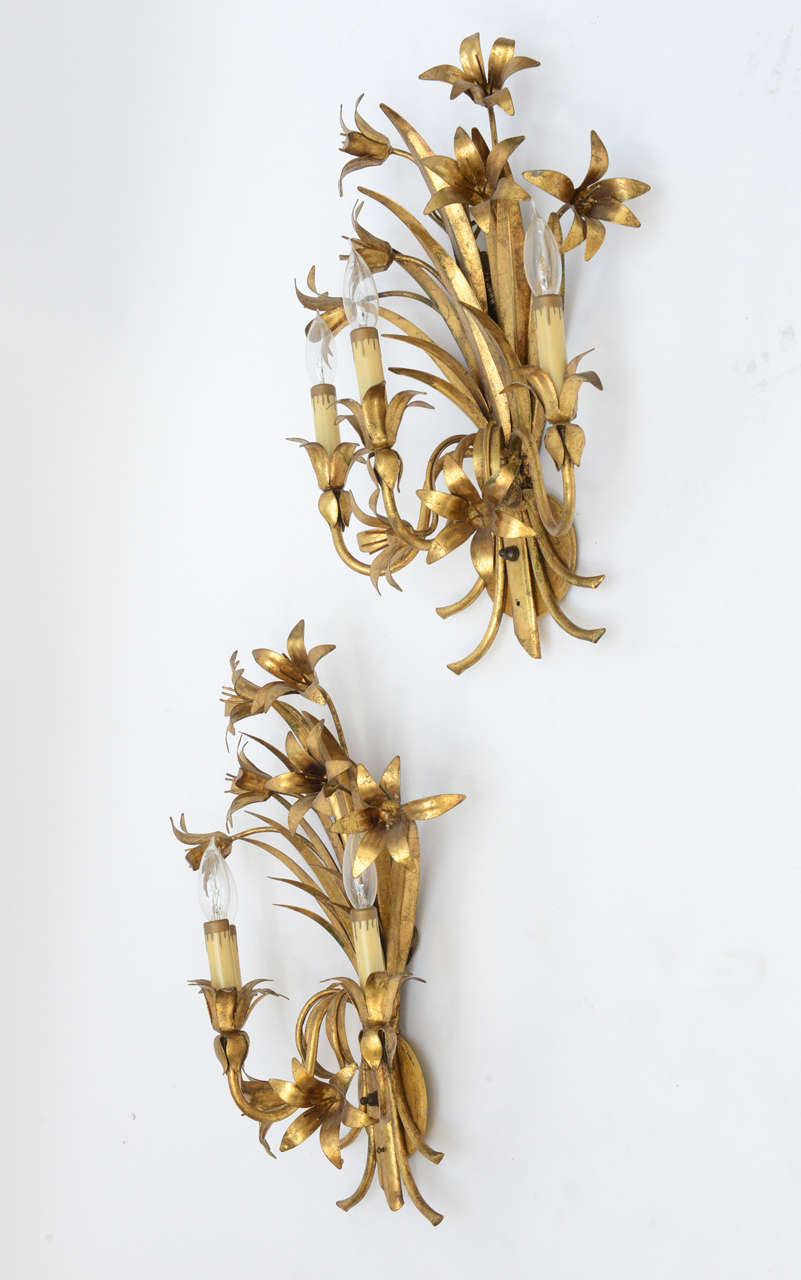 Italian Pair Gilded Metal, Floral Wall Sconces