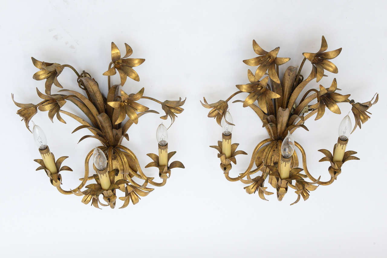 Pair Gilded Metal, Floral Wall Sconces 2