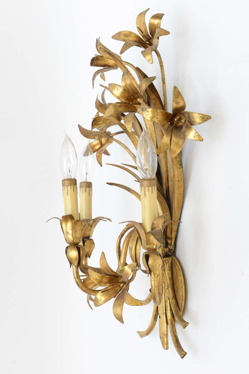 Pair Gilded Metal, Floral Wall Sconces 3