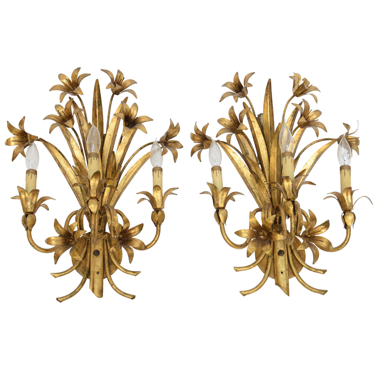 Pair Gilded Metal, Floral Wall Sconces
