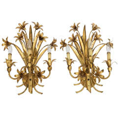 Pair Gilded Metal, Floral Wall Sconces