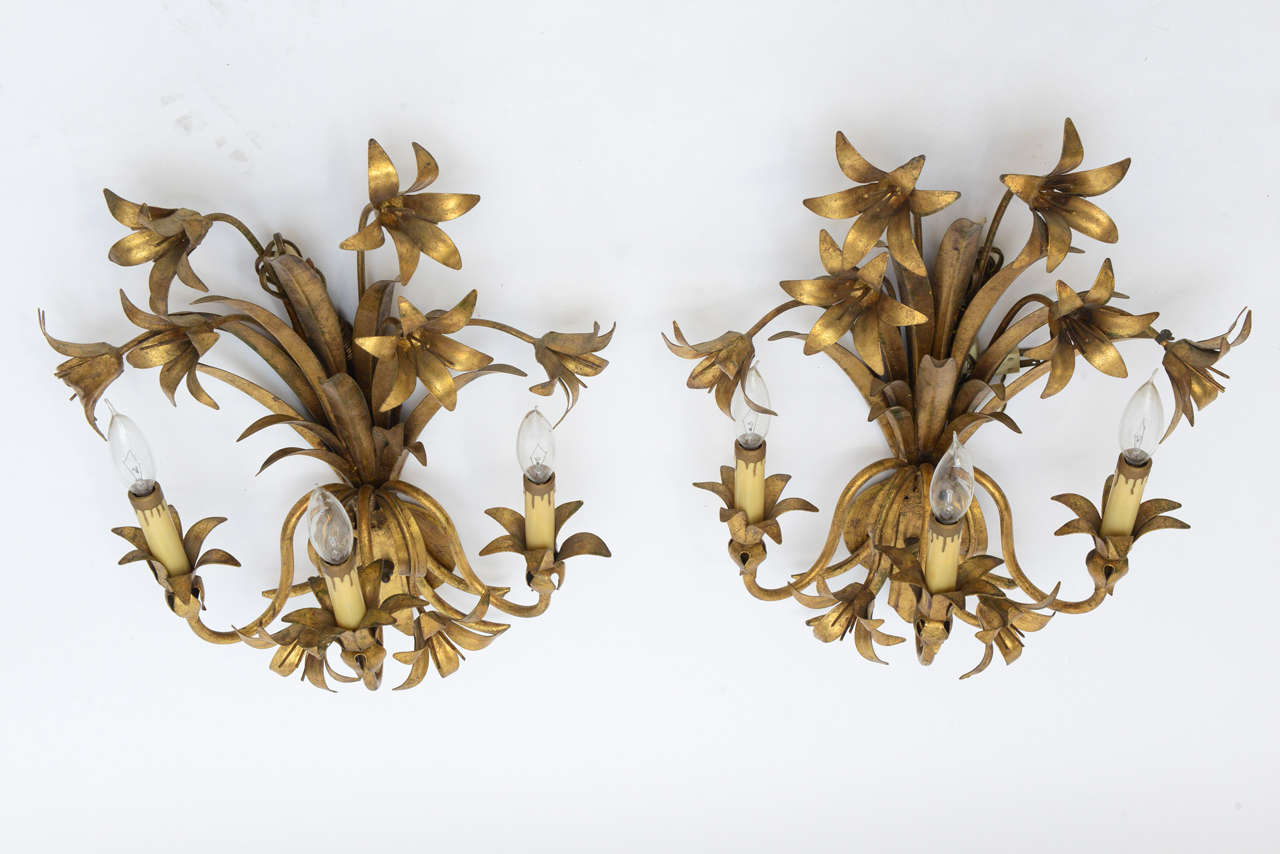 Pair Gilded Metal, Floral Wall Sconces at 1stdibs