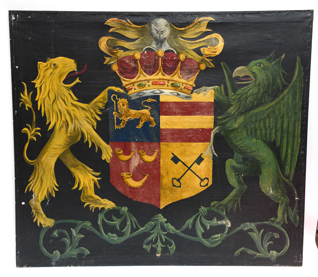 Fantastic pair of oil paintings on canvas depicting griffins, lions, dragons and coat of arms.
