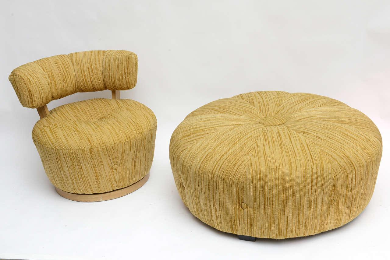 Ultra stylish pair of swivel Deco chairs with large matching ottoman.