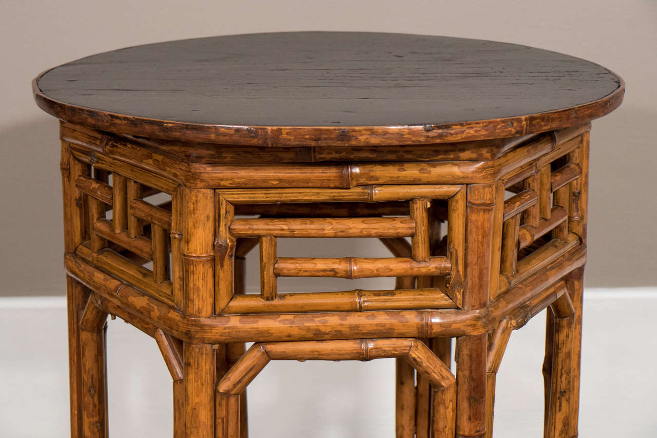 British Colonial Fine Pair of Bamboo Tables with Ebonized Tops