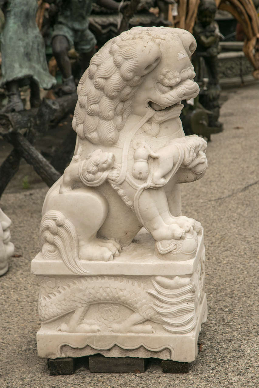 Chinese Vintage Pair of Marble Temple Lion Foo Dogs