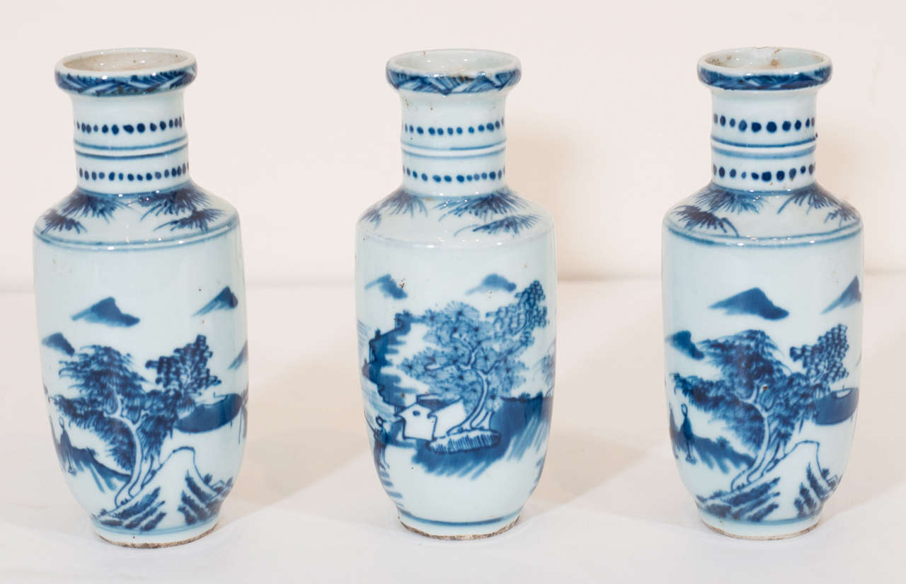Petite five and a half inch tall Chinese porcelain vases with beautifully rendered imagery. From Yunnan Province, circa 1920. Priced individually.
    