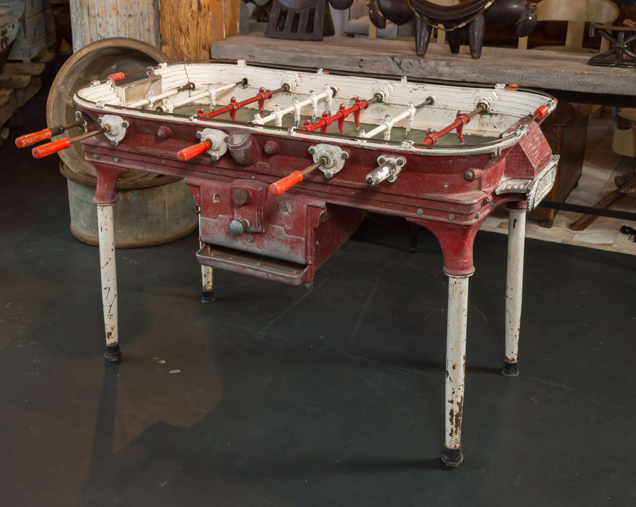 Estadio Foosball Deco Table, circa 1920s-1930”s.  Model A13.  An amazing survivor from an Argentinian company.  Working foosball table made from cast aluminum, with original paint.