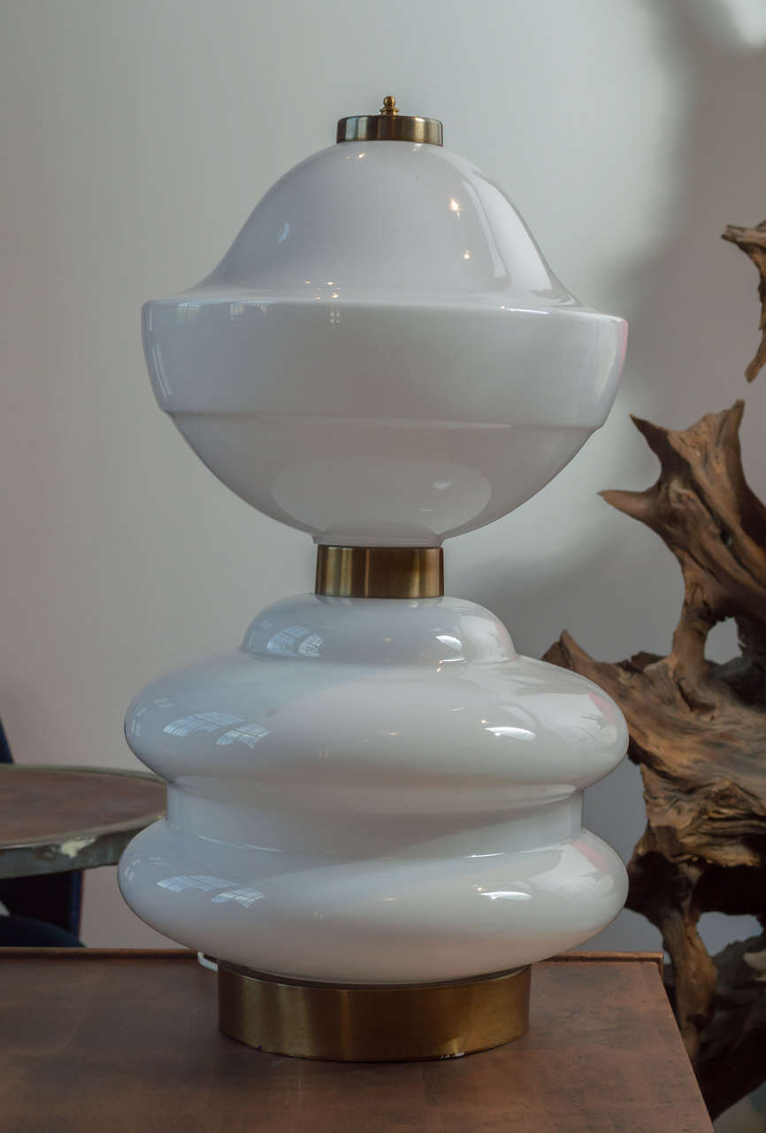 White Italian Bubble Glass Table lamp with brass Bottom, circa 1950 Italy.  Original wiring.