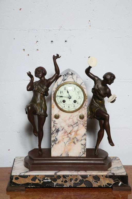 French Art Deco "Flapper Girls" Clock/ Sculpture on Marble