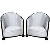 Pair French Art Deco Maurice Dufrene Black Lacquer Club Chairs