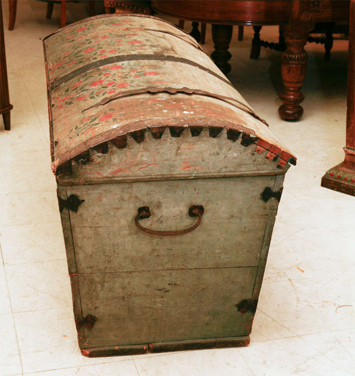 Danish bridal chest, original paint, dated 1859 in pine, banded with iron.