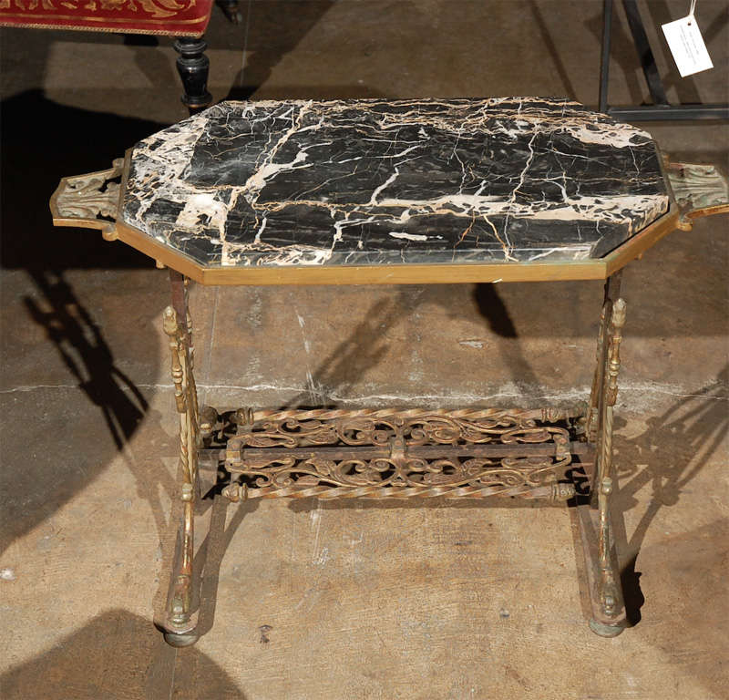 Cast Iron Table Base with Back & Gold Marble Attributed to Oscar Bach