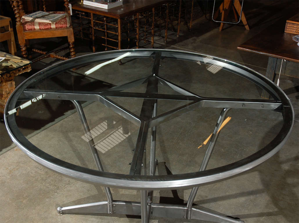 Industrial Metal Table with Glass Top For Sale