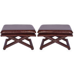 Vintage Pair of Leather Stools with Hob Nail Detail